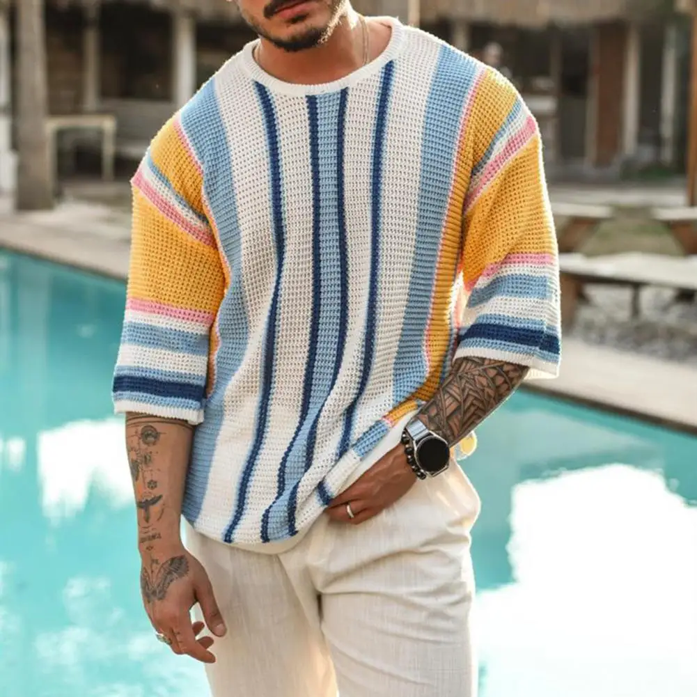 

Men Sweater Striped Knitted Half Sleeve Men's Sweaters Colorful Comfortable Pullovers for Spring Summer Fall Seasons Loose Fit