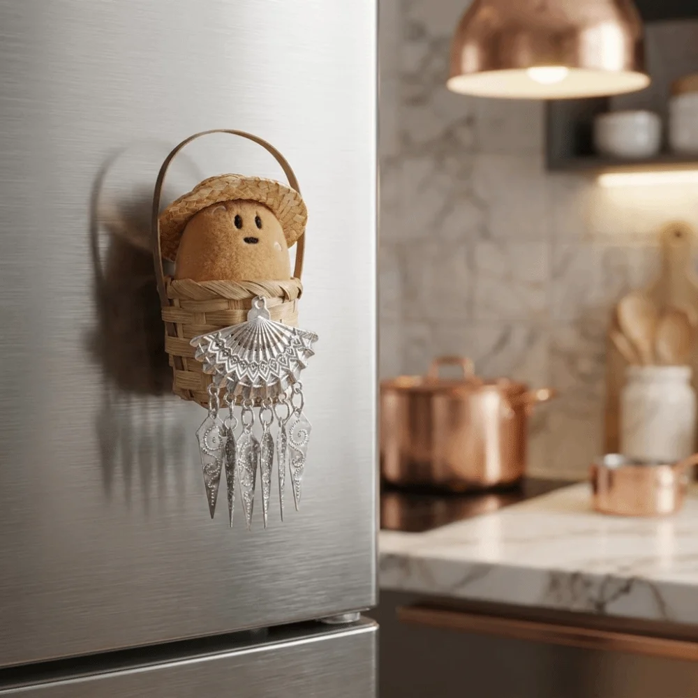 Bamboo Basket Design 3D Potato Fridge Magnet Handmade Soft Potato Refrigerator Magnets with Bell Mini Fridge Sticker