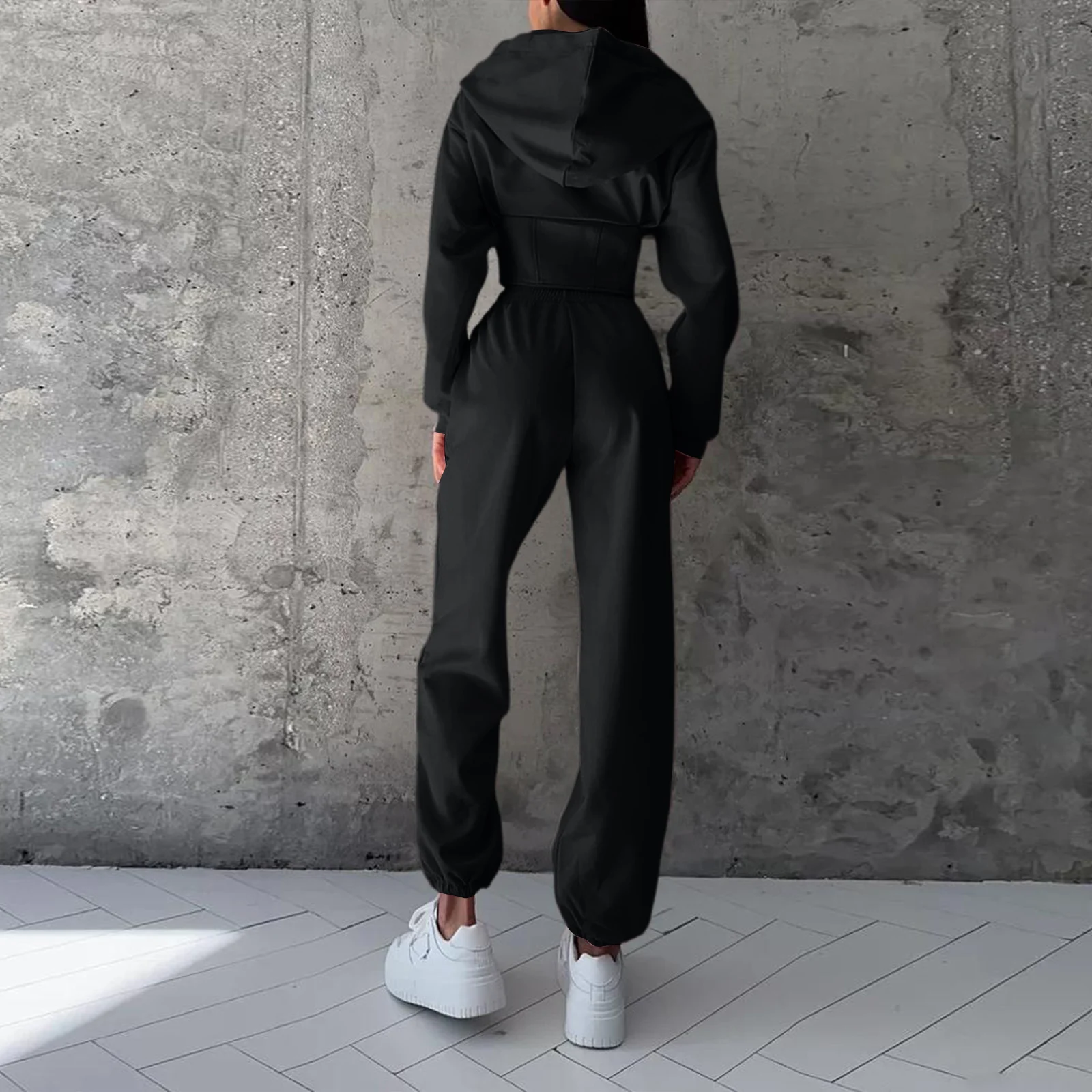 Women Solid Color Waist-cinching Hooded Sweatshirt Long Pants Set Ladies Autumn Winter Sporty Casual Hoodie Two-Piece Outfit