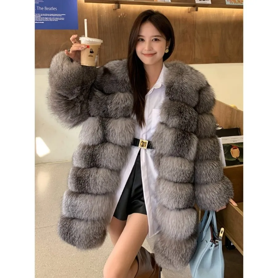 Natural Fox Fur Coat Woman Winter Warm Thick Fluffy Real FurJacket Luxury Style Streetwear Lady New Winter Plush Clothing