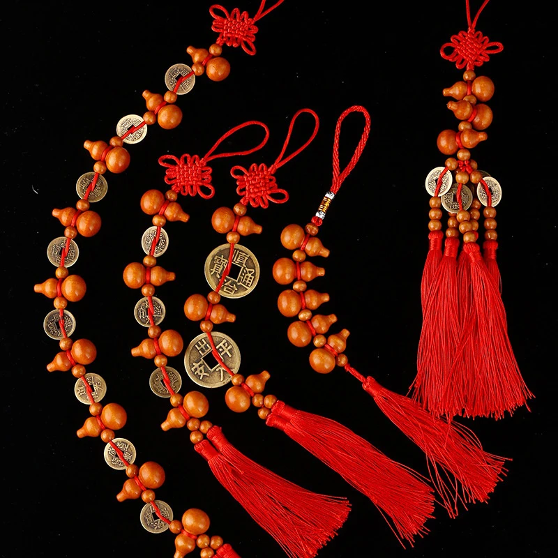 Massivholz-Kürbis-Kupfer-Münzanhänger mit chinesischem Knoten für Neujahr, Heimdekoration, Glücksbringer, Wohnzimmer, Türbehang