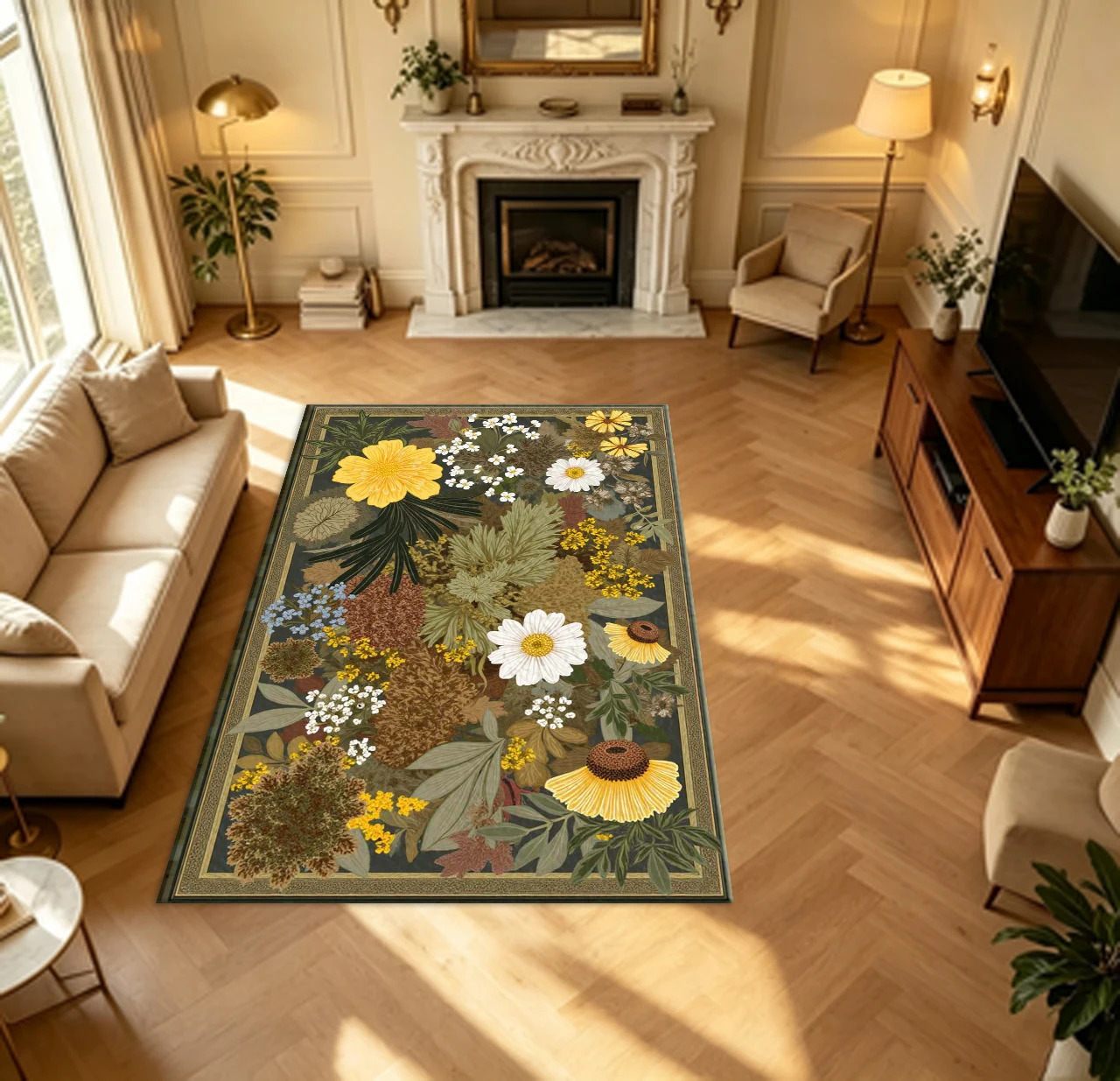 Dark Background Vintage Wildflower Bouquet Carpet Flooring Retro Botanical Art Household Indoor Decor Area Rug