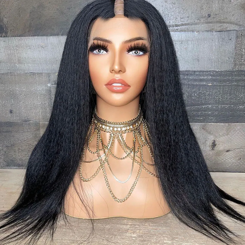 Lange 30 Zoll Yaki Straight Natürliche Schwarze Echthaar U-Part Perücken Maschinell Hergestellt Klebstofflos Einfache Installation Kinky Straight V-Part Perücken – Detail 2
