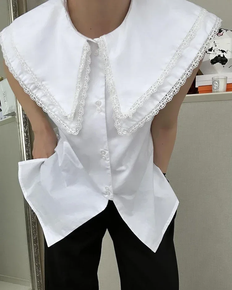 Japanese Double-layer Lapel Lace Splicing Sweet Sleeveless Vest Shirt Women Loose College Style Girl Top White Blouse Doll Shirt