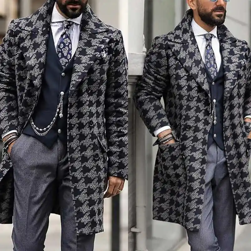 Retro Plaid Men Suit Coat Notched Lapel Double Breasted Comfortable Mid Length Outdoor Occasions Warmth Customized