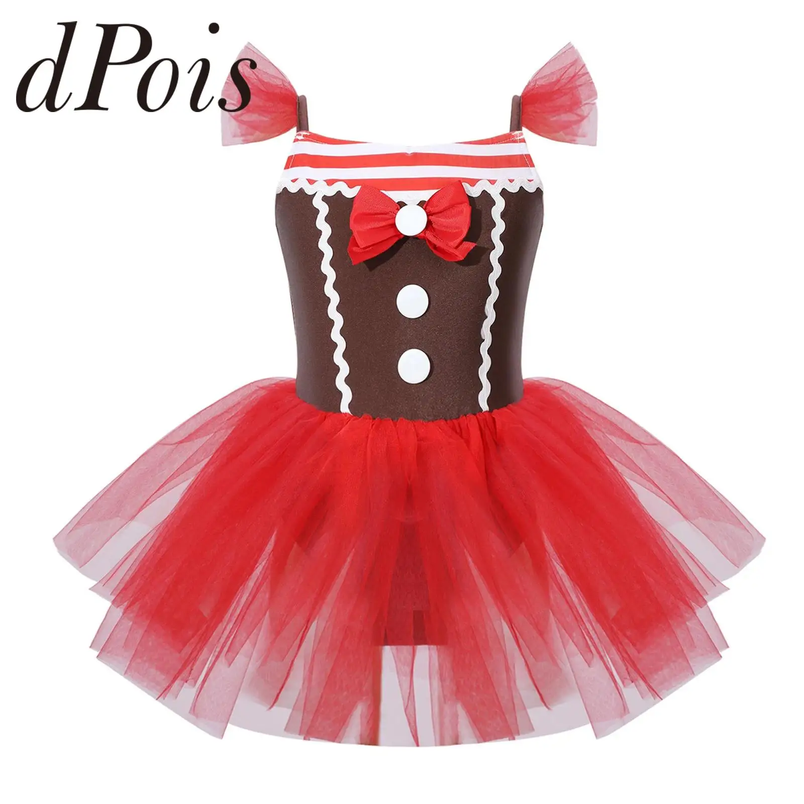 Girls Christmas Dress 2025 Carnival New Year Gingerbread Costume Holiday Dress Sleeveless Bowknot Striped Ballet Tutu Dress