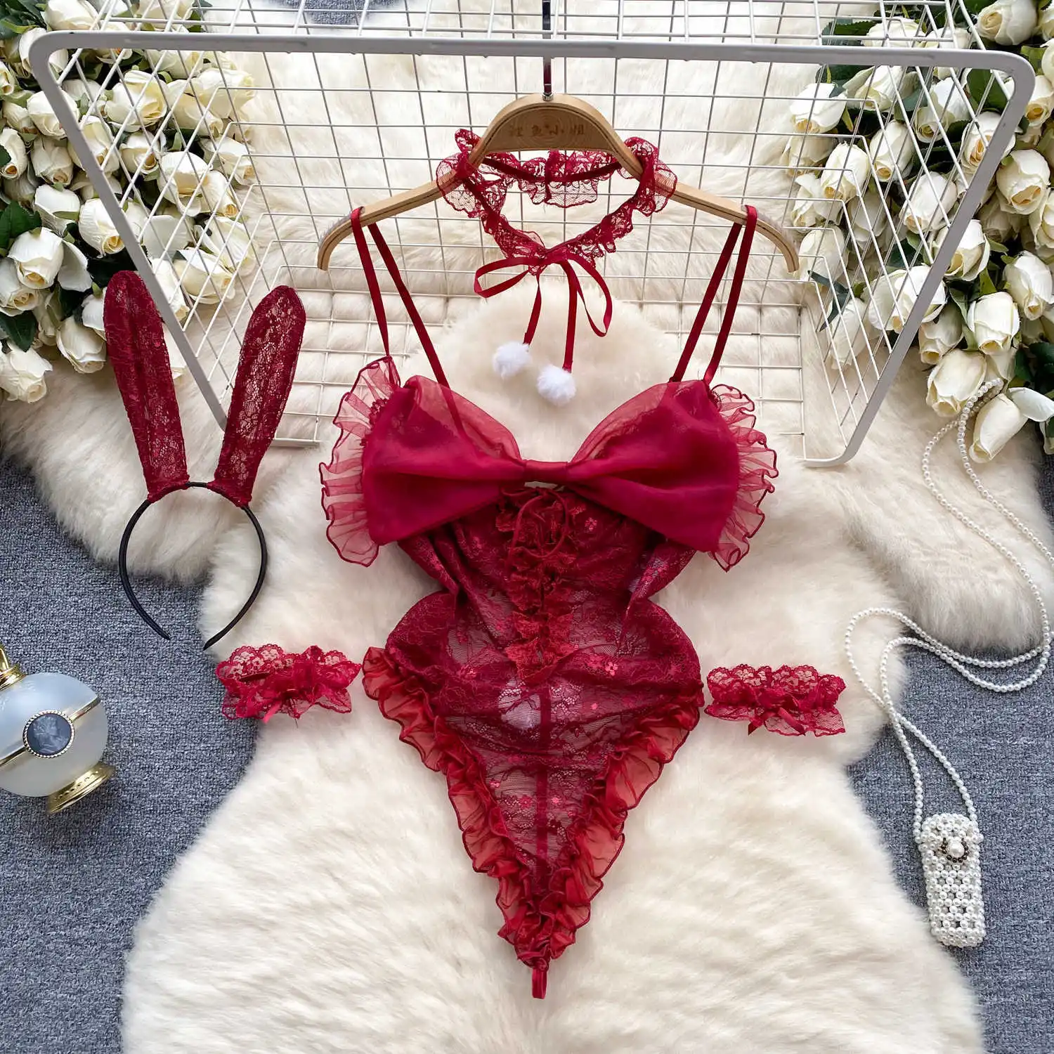 Sexy Transparent Lace Cross Strap Jumpsuit Flower Bow Bodysuit Slim Fit Sweet Erotic Pajama Lingerie Rompers Catsuit Bodycon