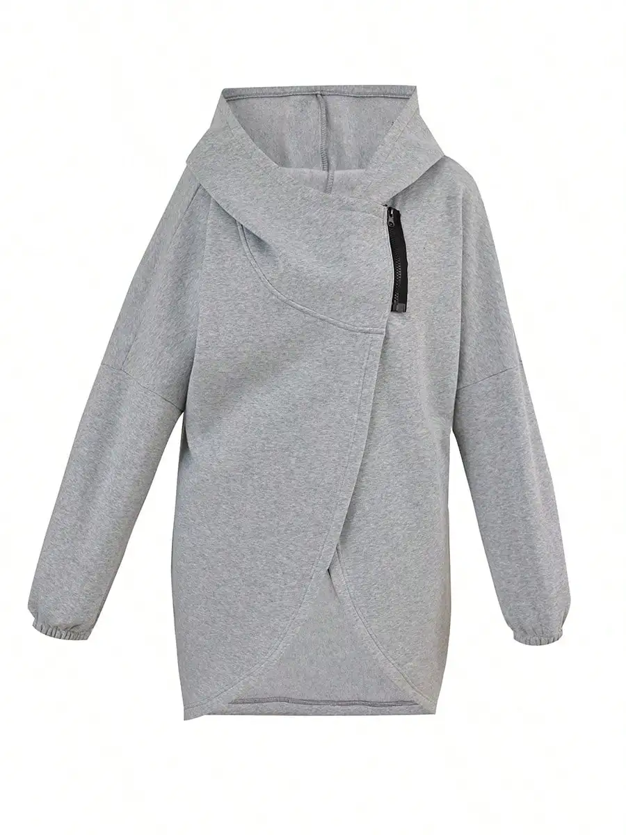 Women's Oversized Hoodie with Zipper & Tulip Hem, Solid Gray Casual Sweatshirt for Autumn