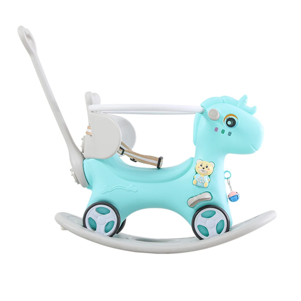 Cavalo de balanço de unicórnio azul: passeio de equilíbrio para crianças com alça e encosto - brinquedo infantil