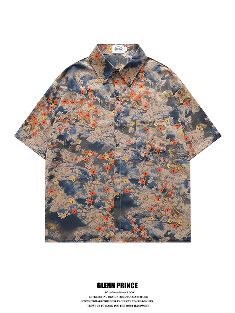 

GPstudio Summer New Artistic Floral Print Men's Casual irt Lightweight ort Sve Drapey Sle Breathable Polyester Fiber