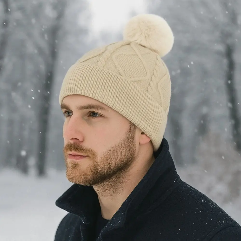 Beanies Cap Elastic Scarf and Hat Set Warm Touch Screen Woolen Hat Rhombus Patterned Plush Ball Cold Proof Gloves Outdoor