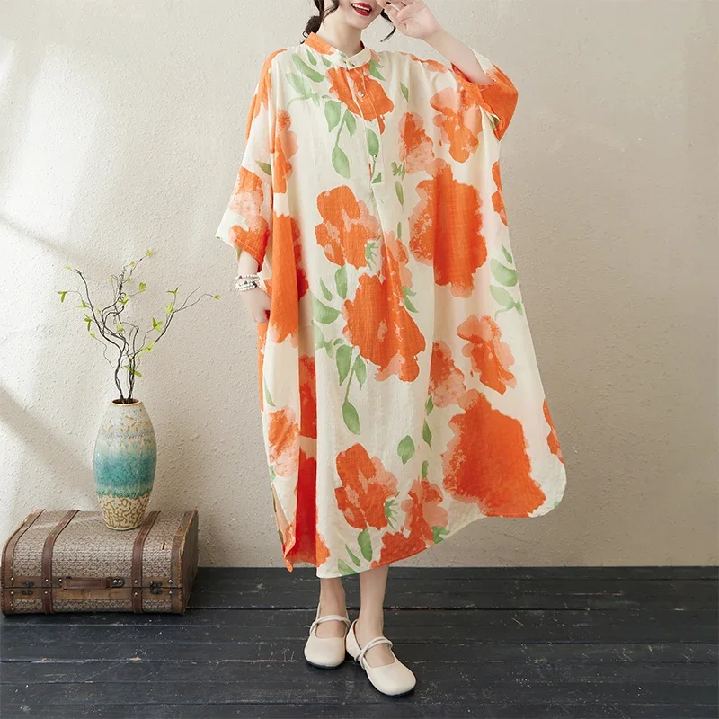 

2025 Spring Summer New Women's Style Artistic Retro Cotton and Hemp Dress Printed Stand Collar Loose Large Vacation Dress A400