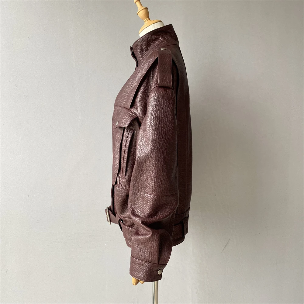 Jxwatcher Schaffell-Lederjacke für Damen, 2025, Herbst, neue Ankunft, Blasen-Ledermantel, Damen, lockeres Revers, volle Ärmel, Jacken