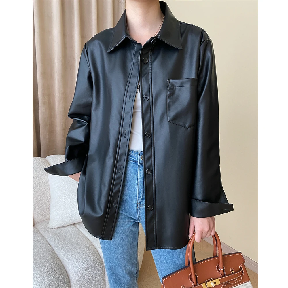 Women Autumn Pu Leather Turn Down Collar Jacket Coat Fashion Women Classic Army Green Jacket Femme Streetwear Tops Clothes