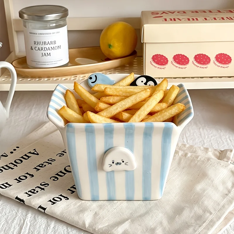 1 Stück Pinguin-gestreifte Keramikschale, Schale für Fischchips und Brathähnchen, exquisite und stilvolle Keramik-Snackschale, geeignet als dekoratives Tischgeschirr für Zuhause, Dessertschale für Partys, Aufbewahrungsschale für Gabeln und Löffel, Geschenk, Feiertagsdekoration. – Detail 7