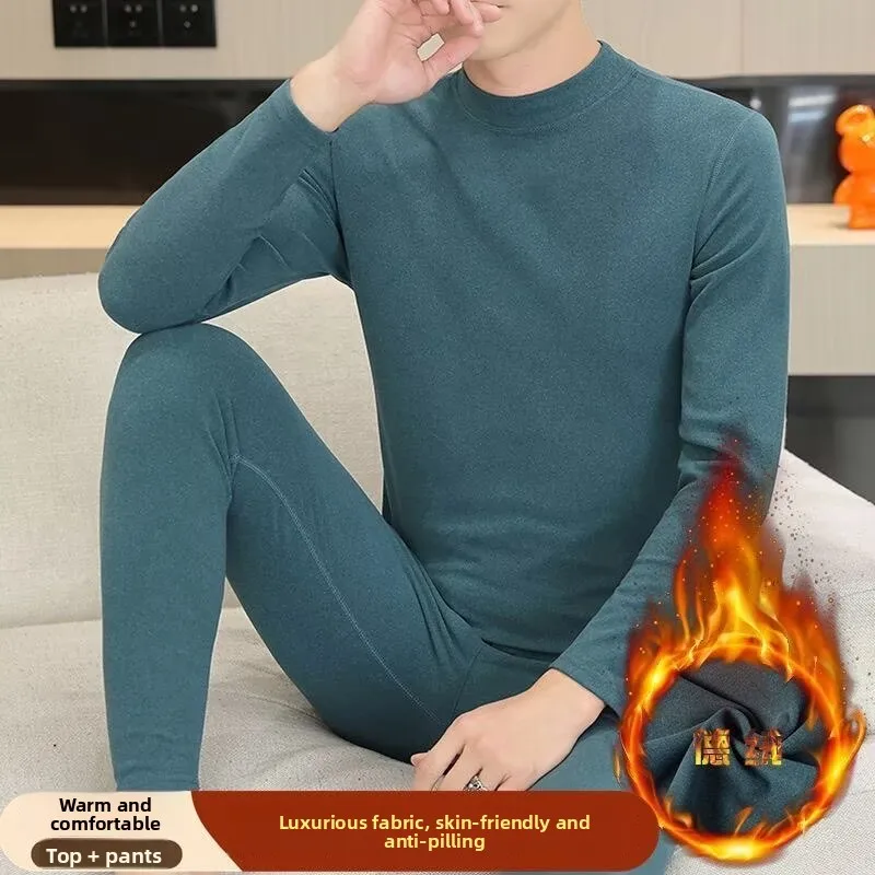 Men's Double-Sided Fleece Warmth Underwear Set Autumn Winter Half High Collar mid Youth Two-Piece Set Thermal Regulation