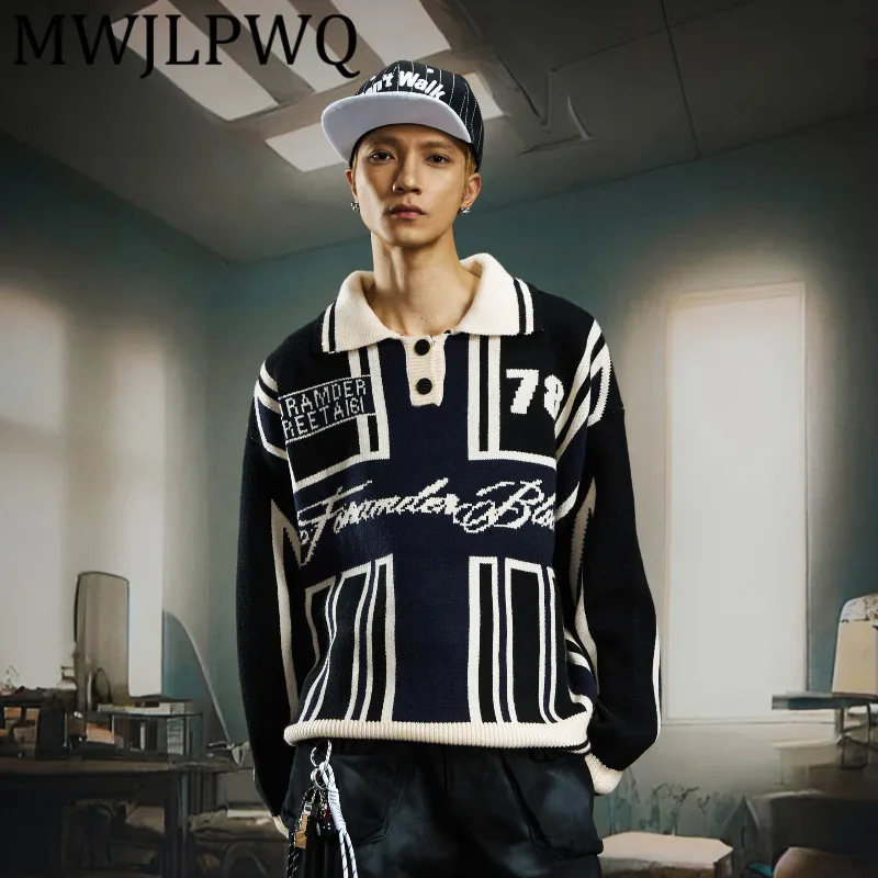 

MWJLPWQ мужской цветной спортивный стиль теплый вязаный повседневный свитер с отложным воротником свободного покроя уличная одежда унисекс топ зима 12618