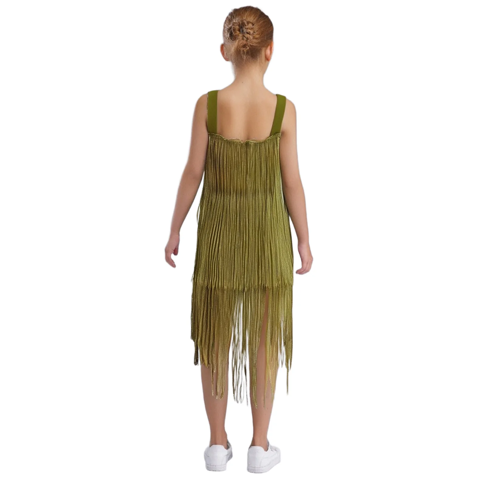 Girls Latin Dance Stage Performance Costumes Party Dresses Sleeveless Wide Shoulder Straps Tiered Fringe Shimmering Tassel Dress