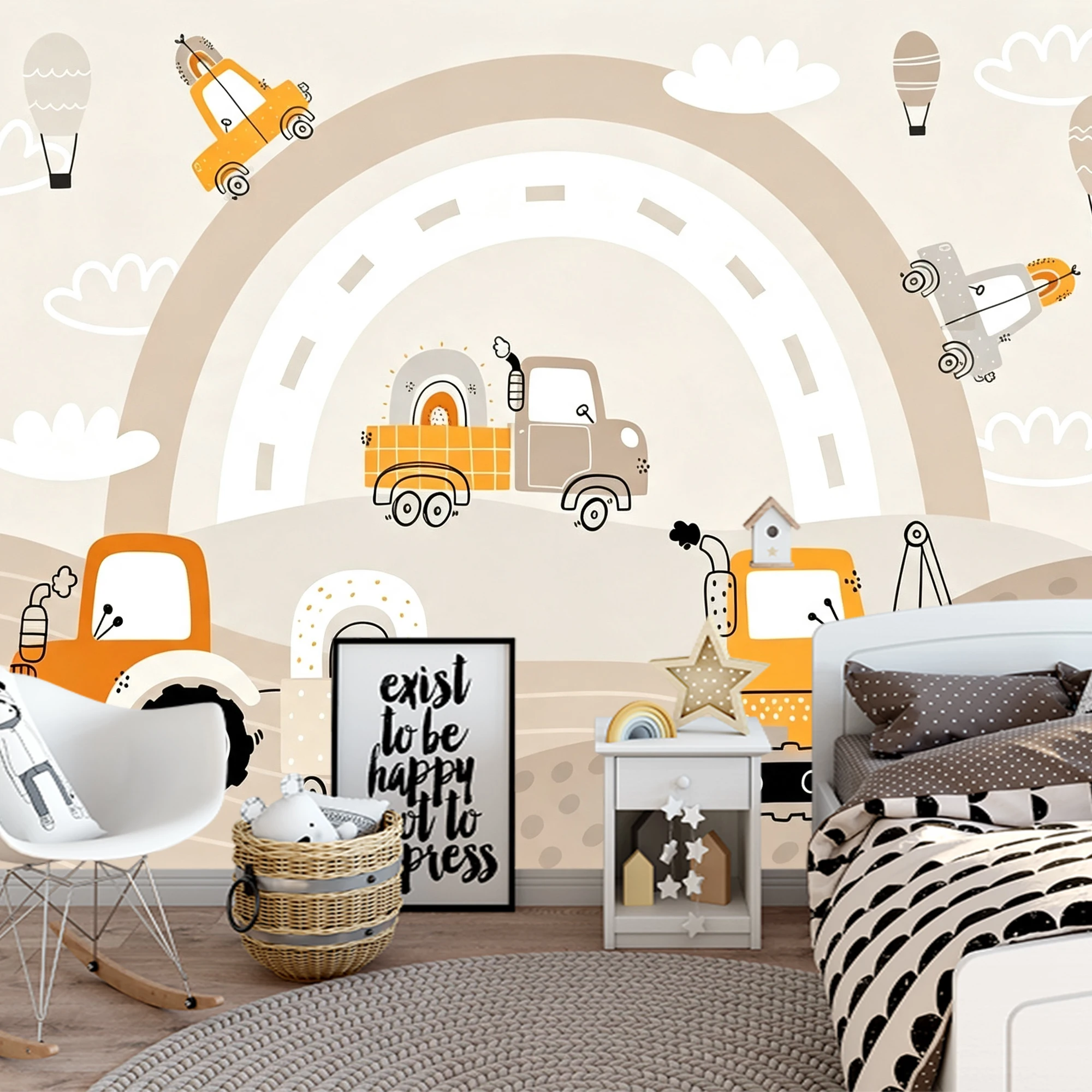 Milofi Custom Mural Wallpaper Cartoon Construction Truck Excavator Rainbow Cloud Baby Bedroom Wall Decor Papel De Parede