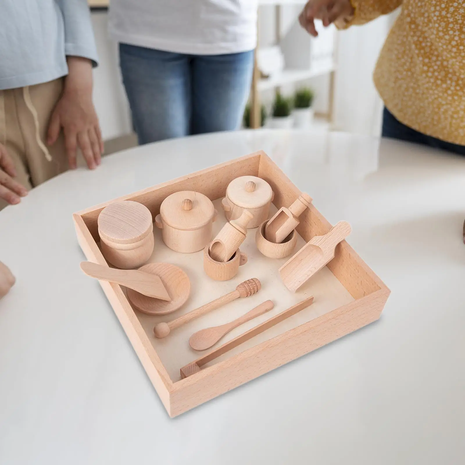 14 Pieces Sensory Bin Tools Motor Skills Development Wooden Scoops and Tongs with Wooden Box for Toddlers 1-3 Years Old Kids
