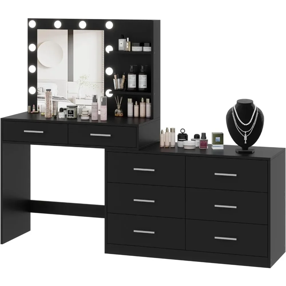 65inch Vanity Desk Set,3 Lighting Colors Lights & Mirror,8 Drawers Vanity Table with Side Storage Shelf,,Bedroom Dressing Table.