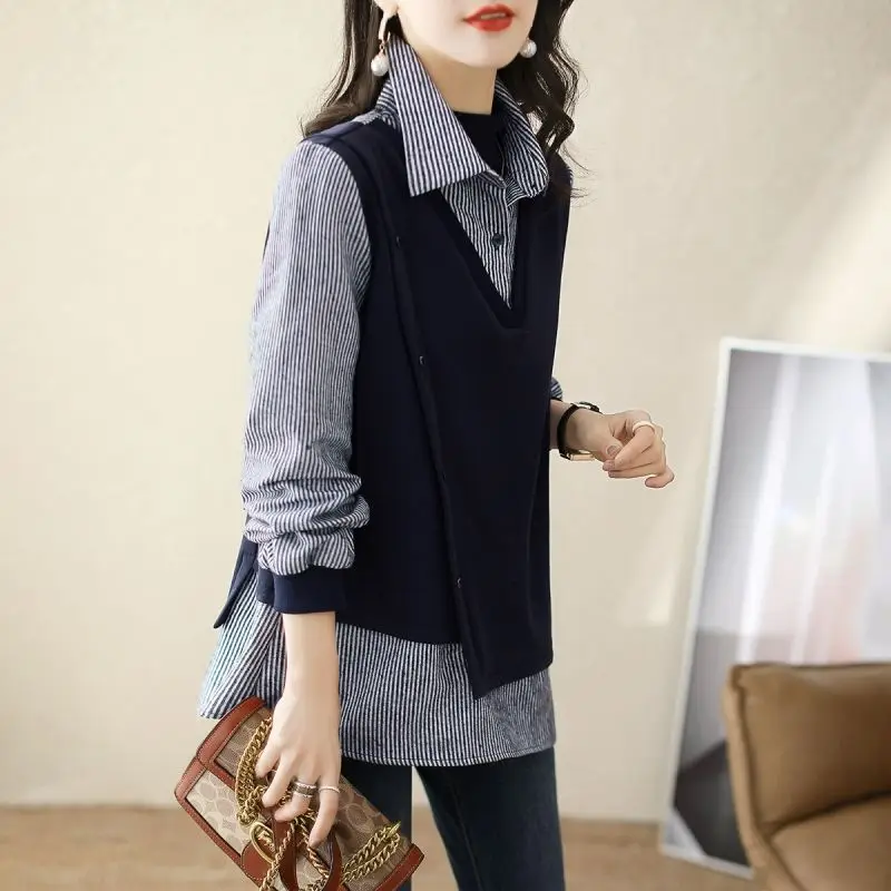 Stylish Lapel Button Spliced Fake Two Pieces Striped Blouse Women Clothing 2022 Autumn New Casual Pullovers Loose Commute Shirt