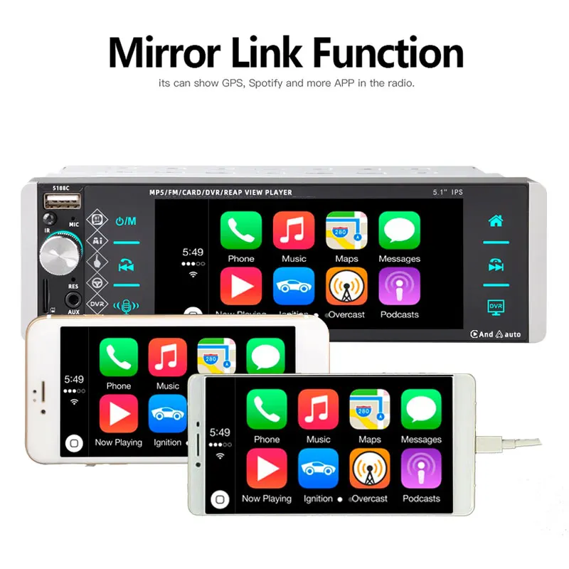 PolarLander  Mirrorlink AM Touch ​Screen 5.1 Inches Car Multimedia Player 1 Din MP5 4-USB Bluetooth MP4 FM Carplay/Android Auto