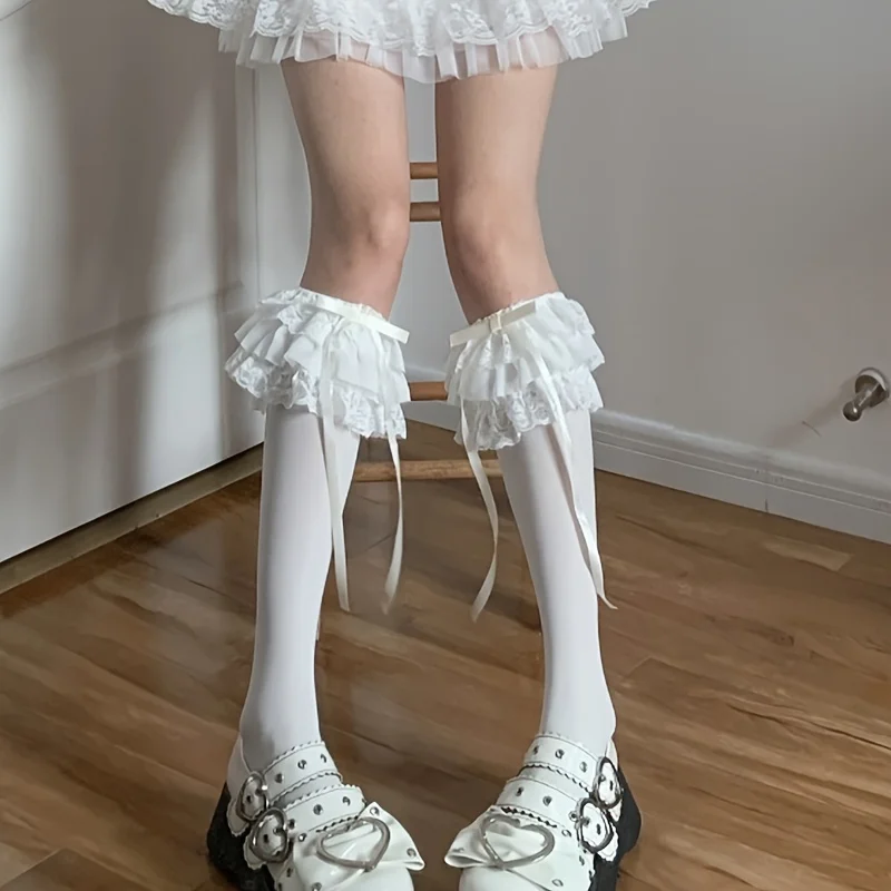 1 paio di calzini al ginocchio in pizzo bianco latte Lolita calzini lunghi in cotone con fiocco dolce JK calzini corti in seta bianca Lolita