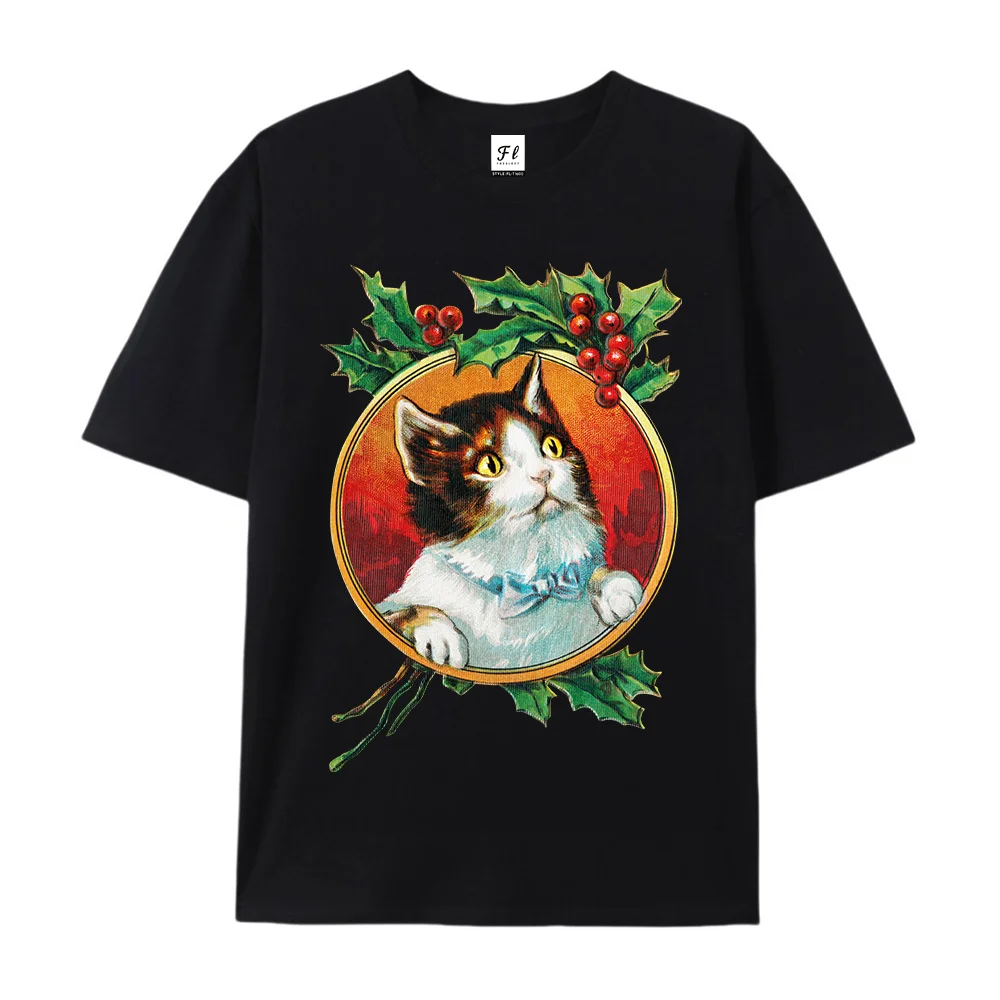 Vintage Christmas Cat Fashion Graphic T‑Shirt Unisex Retro Holly Berry Casual Short Sleeve Streetwear Dressy Casual Tee Gift