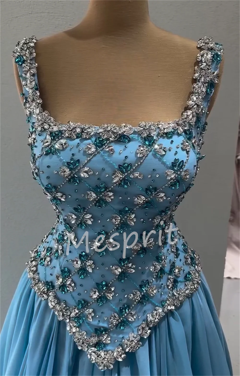 Customized Intricate Chiffon Sequined Pattern A-line Square Neck Long Bespoke Occasion Prom Dresses Sizes Available