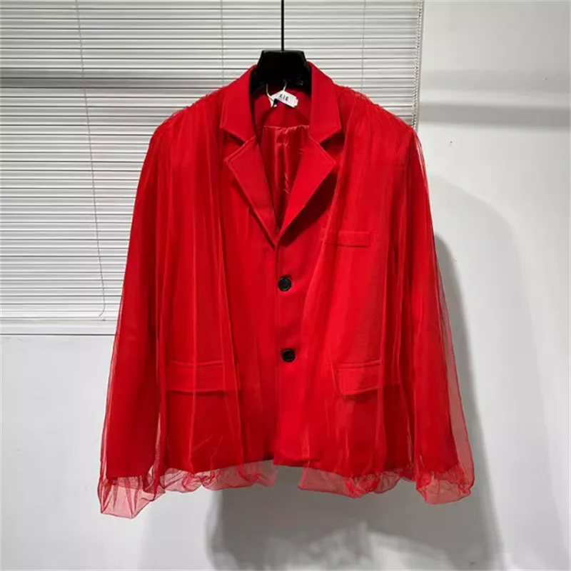 

2025 Spring designer trend mesh stitching fake two red suits high quality vintage chic suit jacket