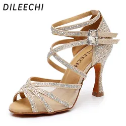 DILEECHI Latin Dance Shoes Women Gold Glitter Rhinestone With Net Salsa Party Wedding Cuba Heel 9cm Flash Ballroom Dancing Shoes