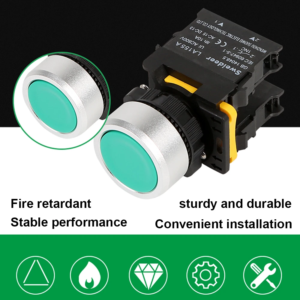 Waterproof Button Switch Momentary Self Reset Self Locking Flat Round Head 22mm Power Push Button Switch 10A 1NO 1NC Red Green