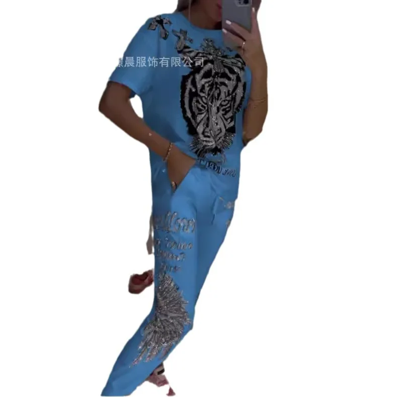 Primavera feminino terno impressão o pescoço manga curta topo rendas até calças compridas ternos feminino novo casual elegante na moda roupas das senhoras