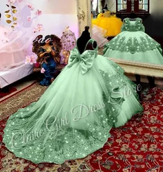 Customized Green Flower Girl Dresses For Wedding Sleeveless With Bow Appliques Kids Birthday Party First Communion Ball Gown