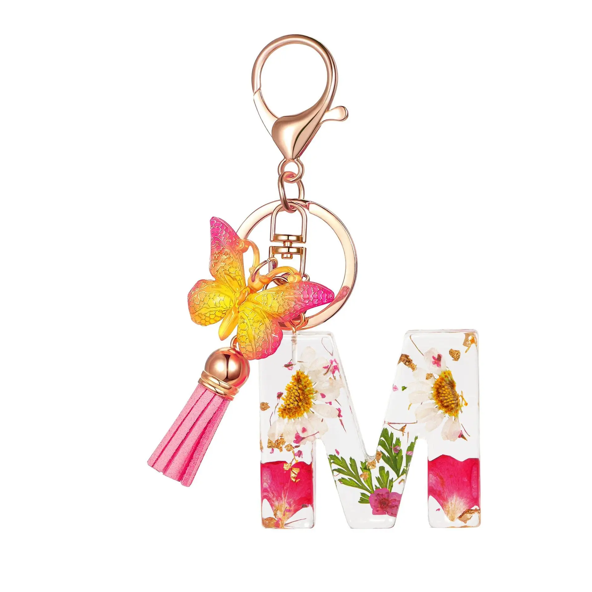New Tassel Butterfly Flower Resin Keychain Versatile 26 Letter Keychain Backpack Pendant Wholesale