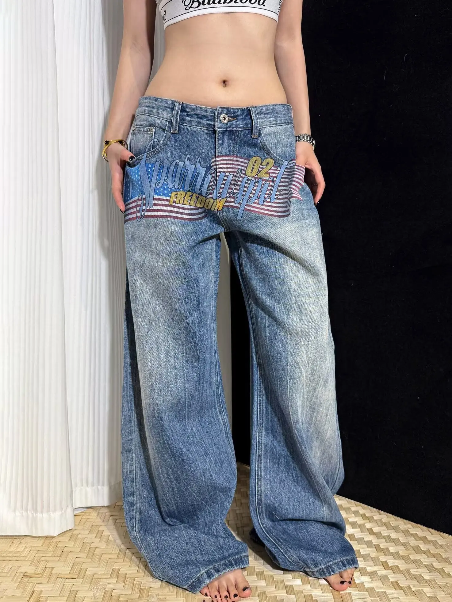 Blue American New Pattern Y2K Baggy Jeans Men High Street Vintage Hip Hop Fashion Casual Joker Couple Wide-leg Pants