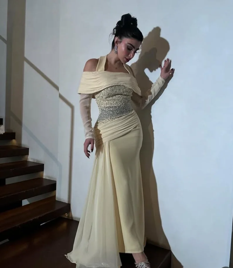 Вечерние вечерние платья из шифона нарцисса с открытыми плечами, блестящие длинные рукава, индивидуальное джерси, арабское платье для выпускного вечера, одежда