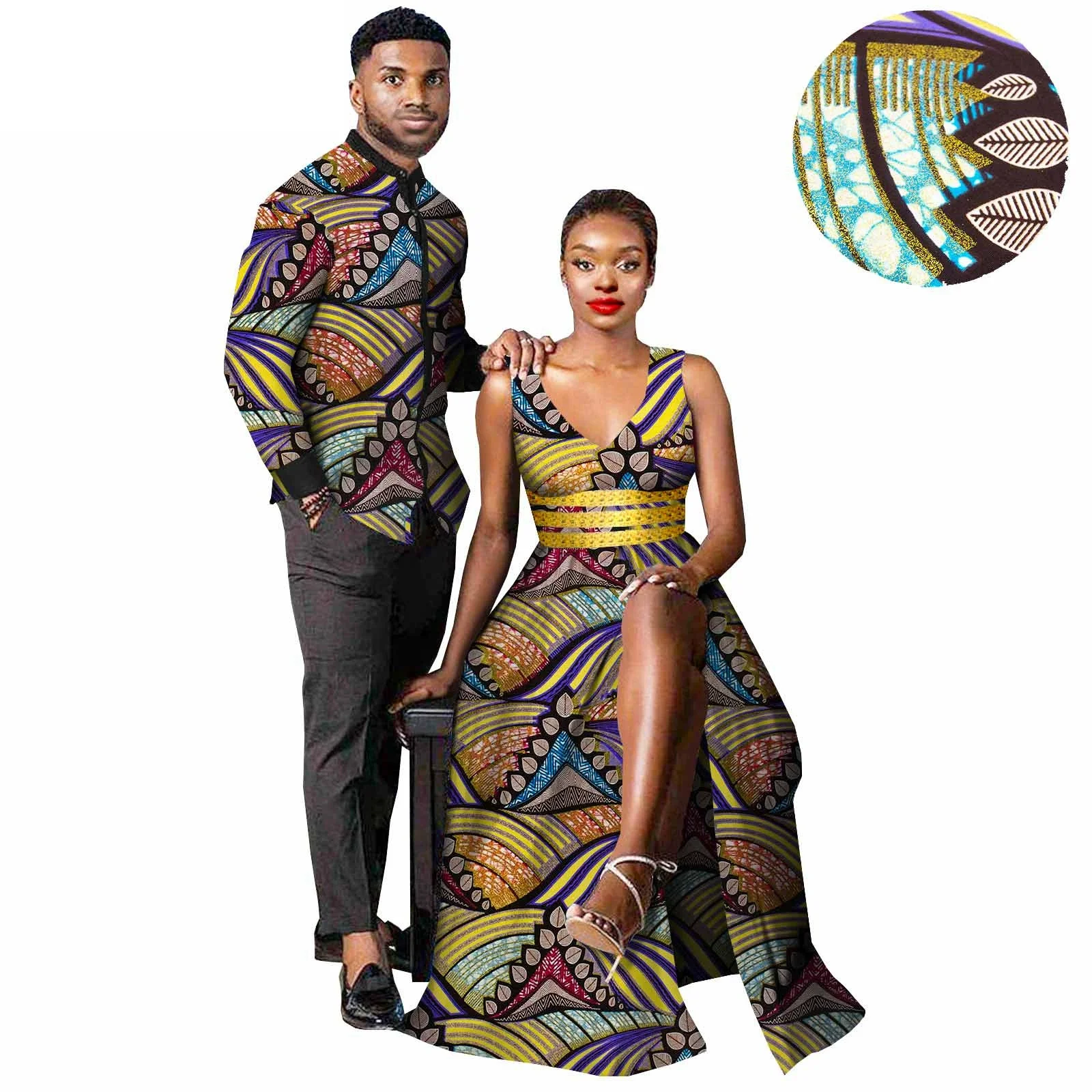 African Print Sexy V-neck Long Dresses for Women Matching Couple Outfits Dashiki Men Top Shirt and Pants Wedding Party Clothes