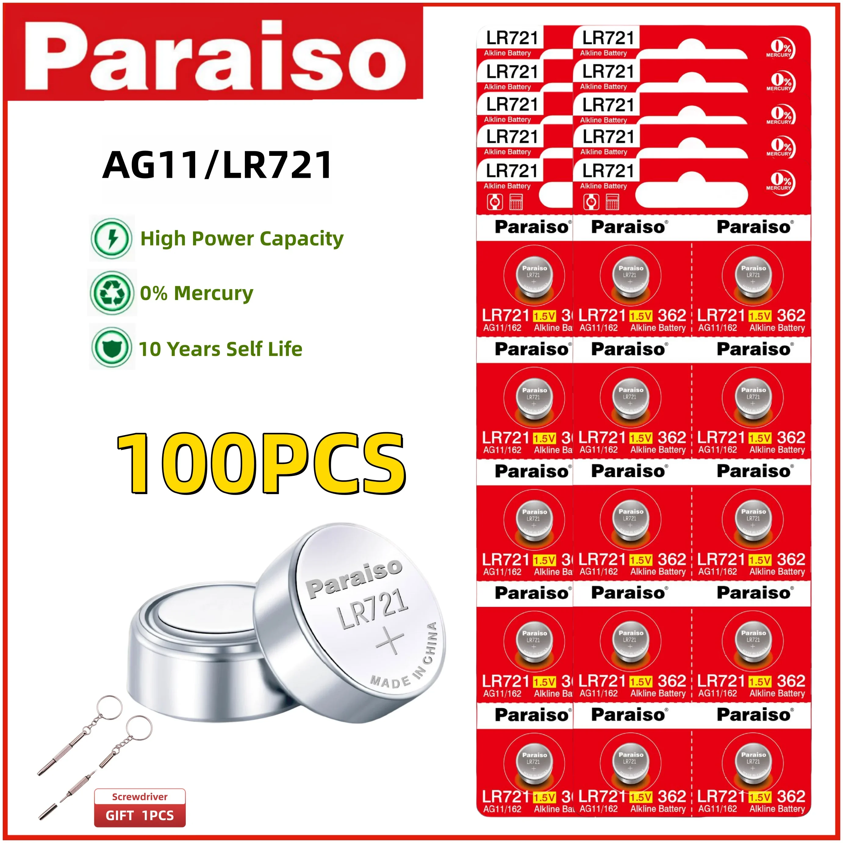 Paraiso 30-100pcs LR721 AG11 Button Coin Cell Battery 10 Years Shelf Life 0% Mercury Batteries for Watch remote controls scales