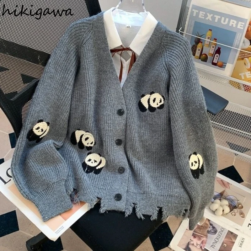 Preppy Style Knitted Cardigan Coat Women Clothing Sueter Mujer Fashion Korean Pull Femme Embroidery Panda Oversized Sweater Tops