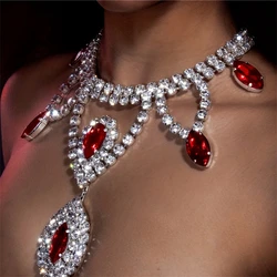 Exquisite Sparkling Red Rhinestone Necklace Jewelry Luxury Banquet Party Crystal Necklace Jewelry Dressing Accessories