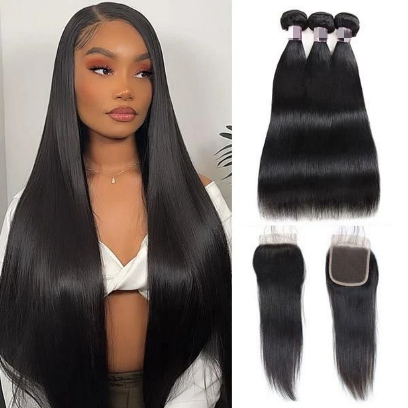 Ali Queen Straight 3pcs Human Hair Bundles Brazilian Virgin Hair Bundle With 4X4 Lace Closure Hair Extension Weave Free Part Wig