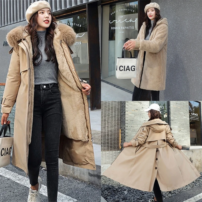 

2024 Tops Women Winter Jacket Hooded X-Long Thick Faux Fur Filled Parka Female Detachable Liner Jacket Cotton-padded Coats M-5XL