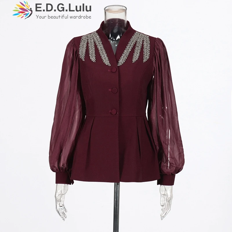 EDGLuLu Women Two Piece Sets Outfits Mesh Long Sleeved Diamond Studded Suit Top+High Waist Wide Leg Pants Red Black Suit 0107