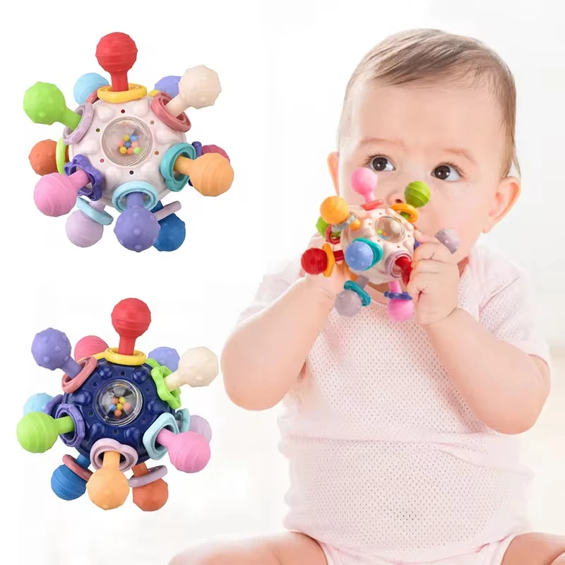 Mainan bayi 0-12 bulan berputar bola digenggam aktivitas bayi mainan perkembangan Teether silikon mainan sensorik bayi untuk bayi