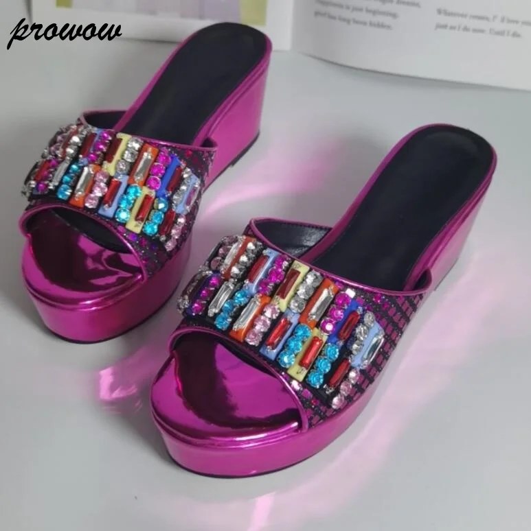 

Prowow/Новые тапочки на танкетке с кристаллами и бриллиантами на толстом каблуке, сандалии на платформе с открытым носком, женская обувь Zapatos Mujer