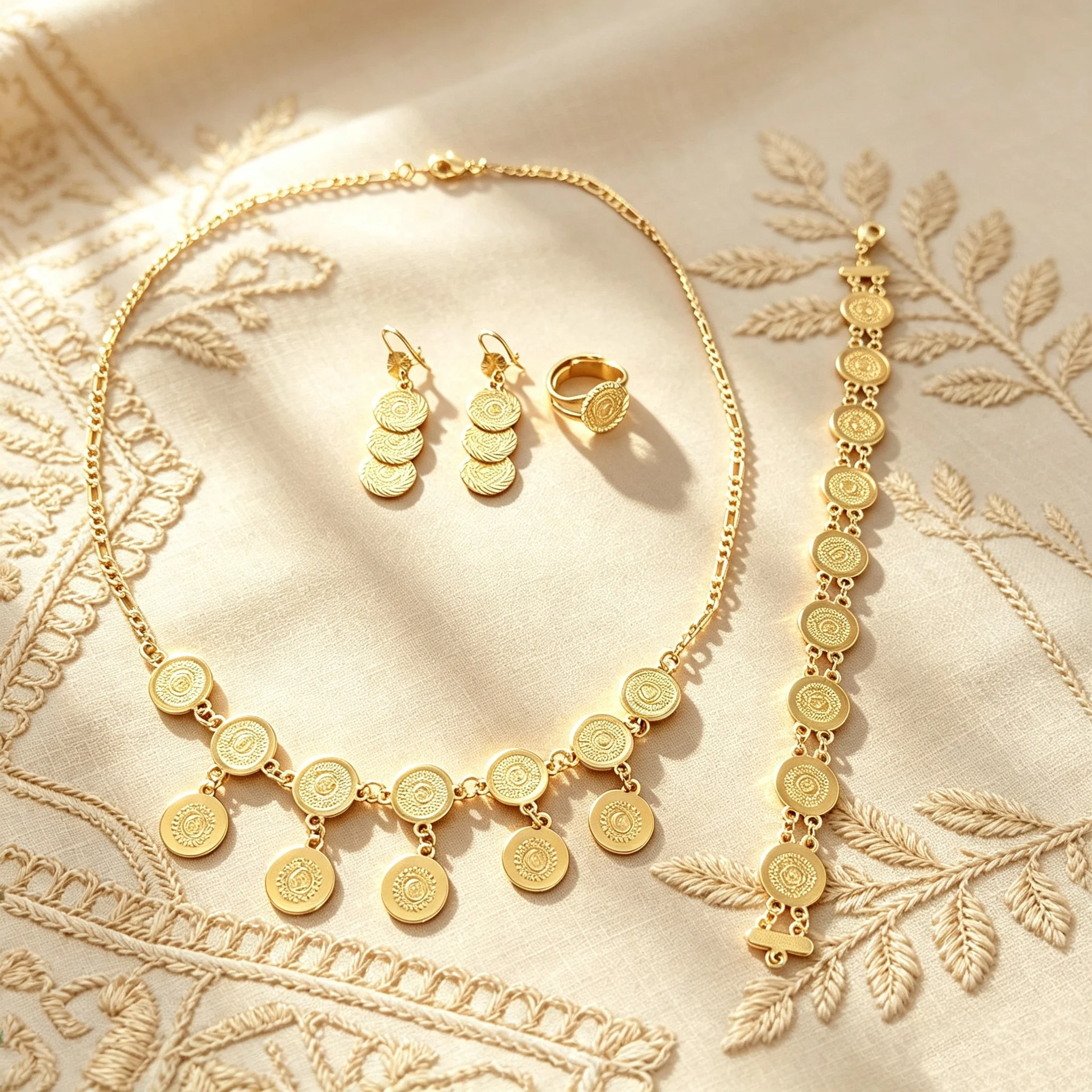 Vintage Coin Pattern Gold Plated 4Pcs Jewelry Set Necklace Bracelet Ring Earrings Women Ethnic Wedding Party Ornaments