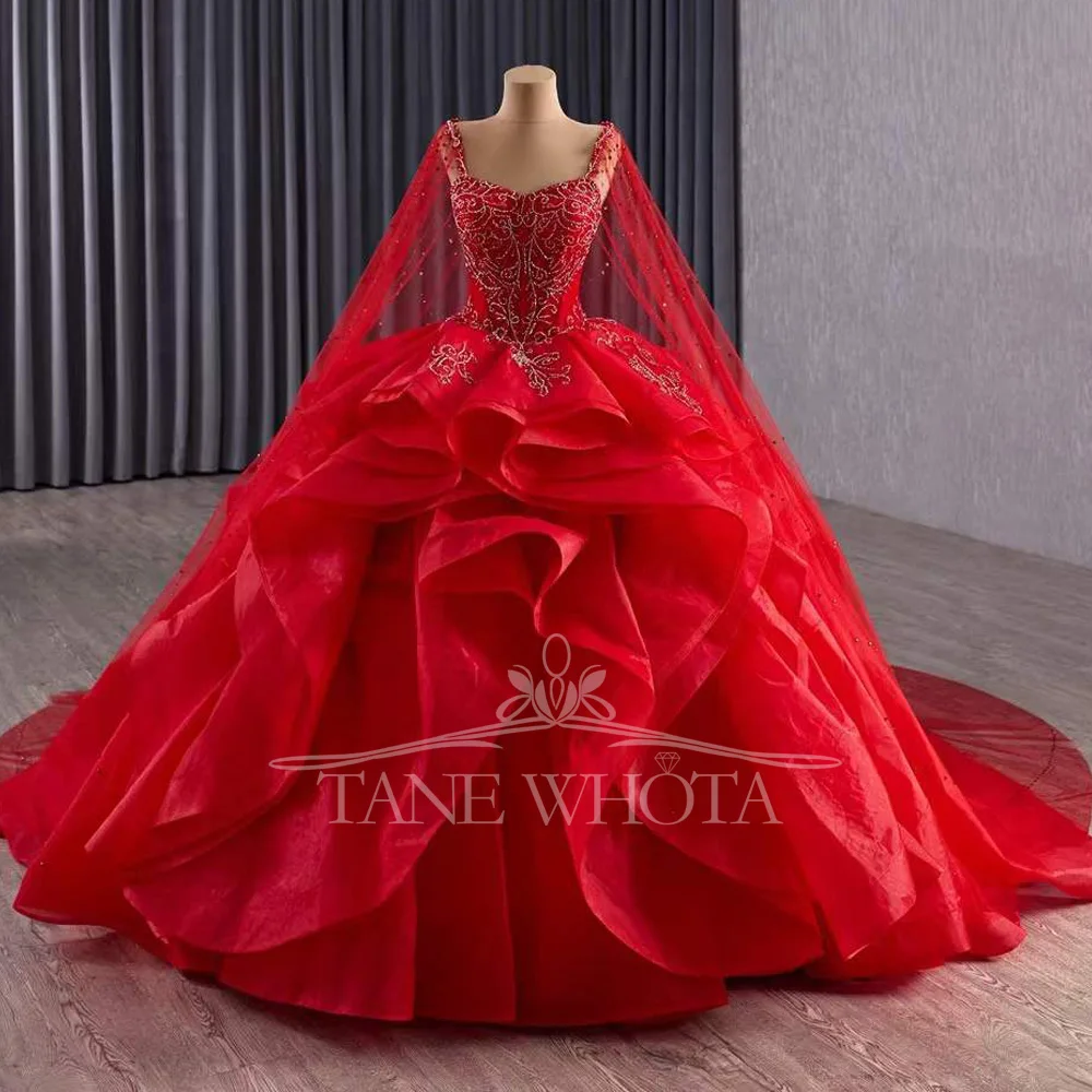 

Red Sequined Beaded Spaghetti Strap Quinceañera Dress 2-in-1 Lace-Up Back Princess Style Customizable Vestido 2 En 1