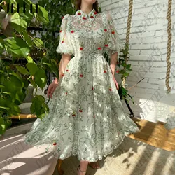 JEHETH Embroidered Lace Prom Dresses Pockets Green Puff Sleeves Cherries Tulle A-Line Pastrol Party Gowns Ankle Length Custom